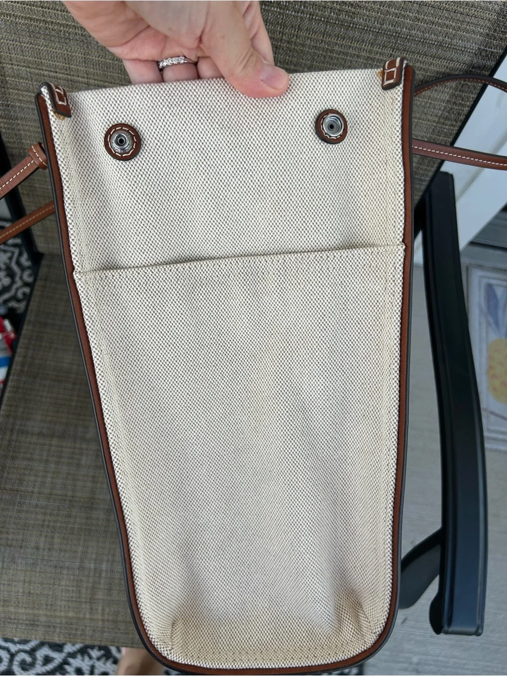 TORY BURCH Ella Canvas tote large Brown Leather Natural Classic Cuoio Bag Auth